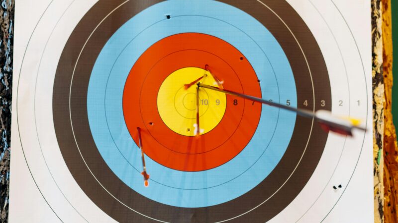 Close-up of an archery target with an arrow hitting the bullseye. Perfect for sports and precision themes.
